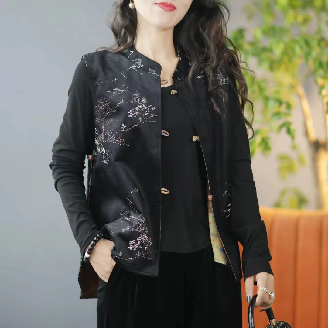 [楼阁]春秋新款高定独特气质刺绣百搭新中式马甲女款外穿