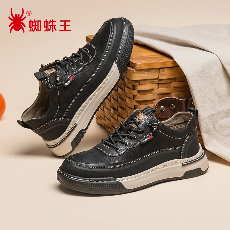 蜘蛛王男鞋真皮休闲鞋2025秋季新款防滑耐磨厚底软底工装鞋305189
