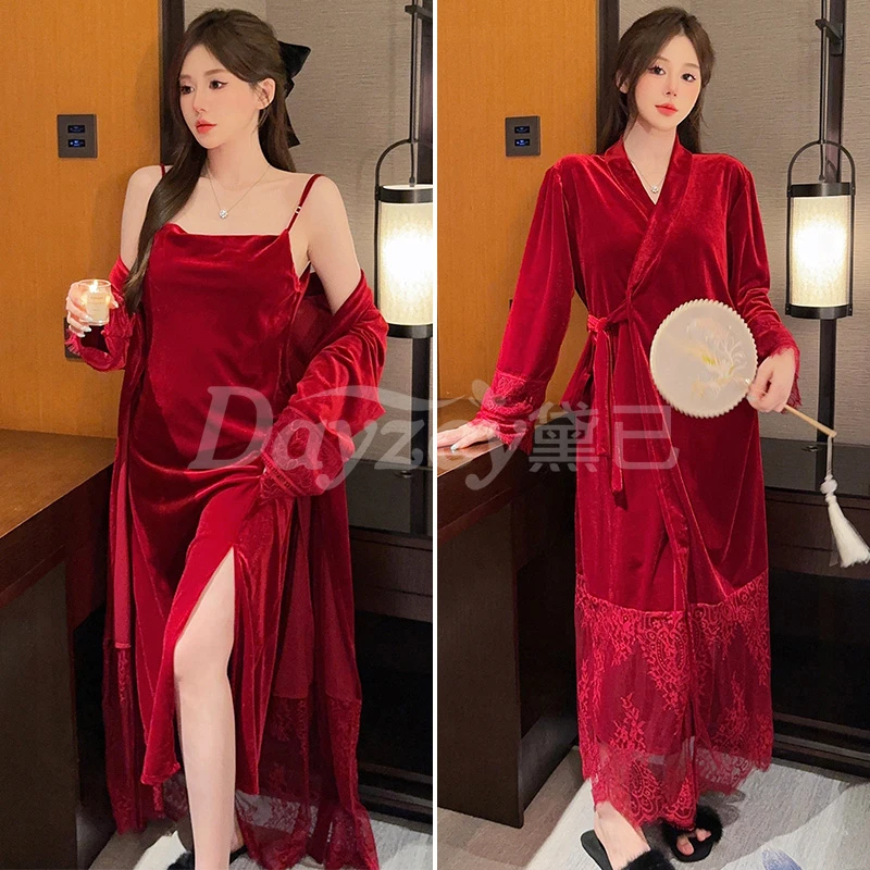 新娘结婚礼服红色蕾丝睡袍秋冬性感金丝绒吊带睡裙两件套长款晨袍