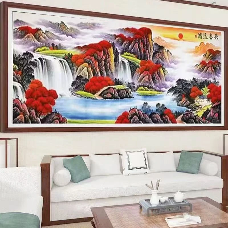 喜洋洋鸿运当头十字绣46色满绣线绣客厅大气风景山水画大幅手工