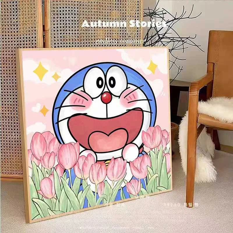 2024新款花丛中的哆啦A梦卡通动漫绣花高清印花手工十字绣套件