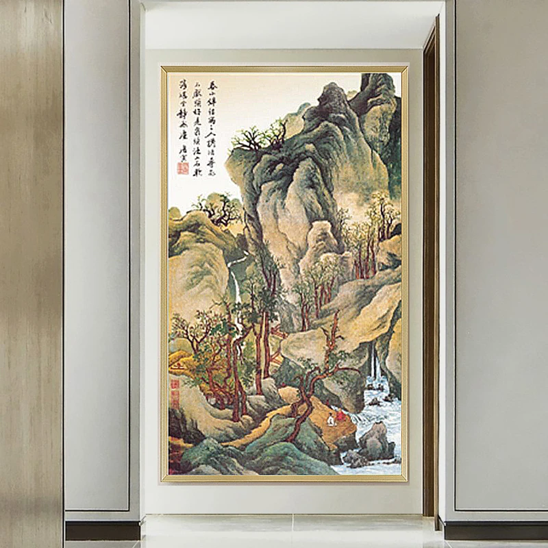 （方便玄关画）印花春山伴侣图（绿色竖版古图）古绢布有勾边十字绣