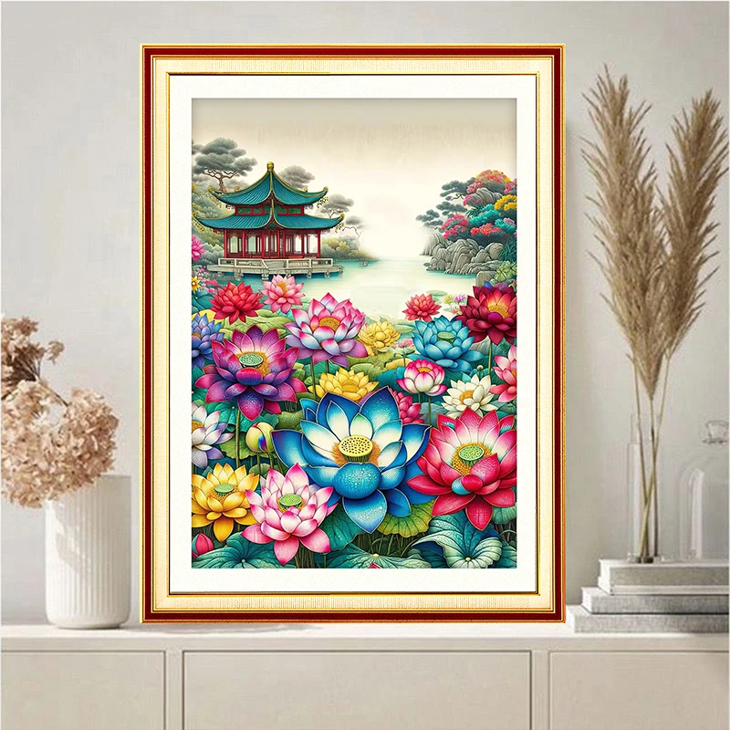 喜洋洋新款荷花亭满绣60x80大格56色卧室线绣手工餐厅风景十字绣