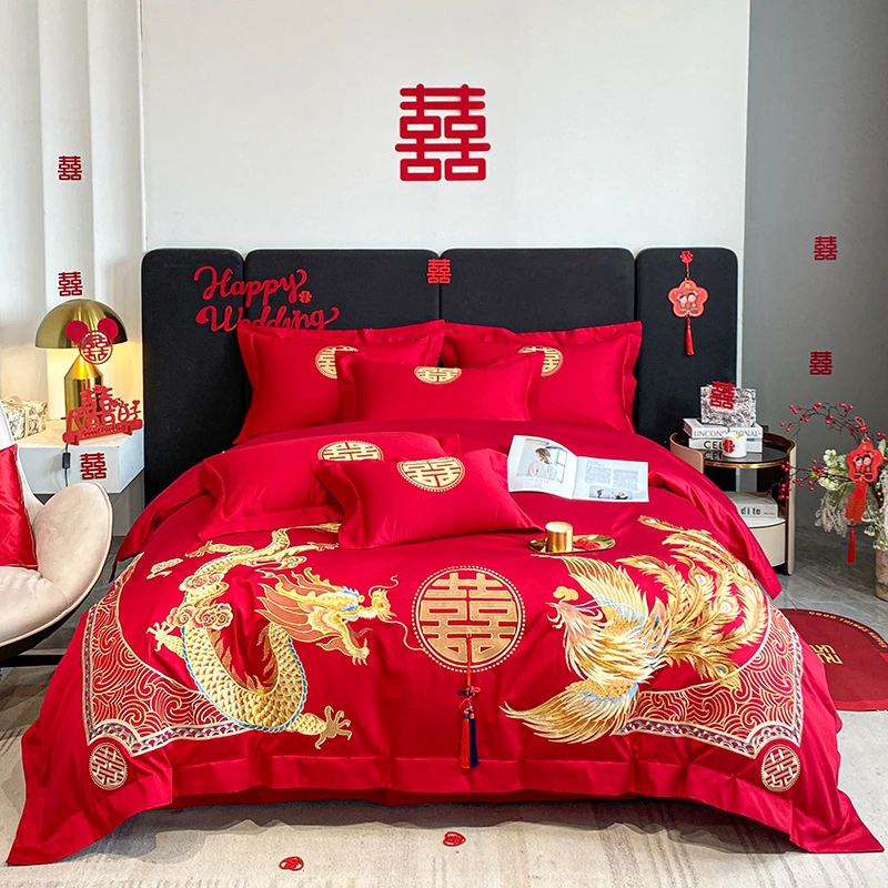 婚庆结婚 婚房陪嫁喜庆中式大红绣花被套枕套床单婚用被罩四件套