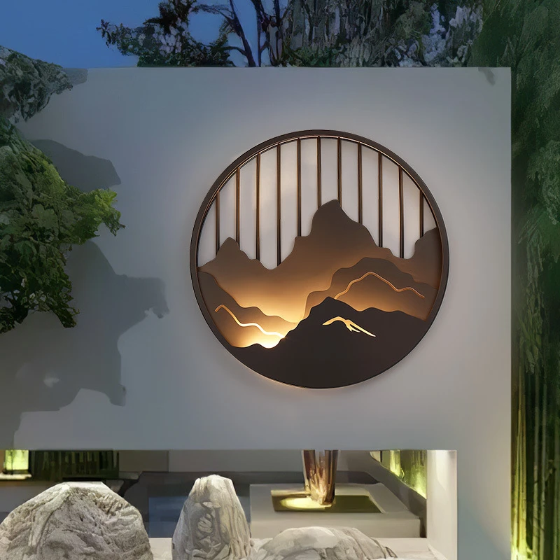 新中式户外壁灯玄关背景影壁墙山水别墅庭院景观灯大门室外外墙灯