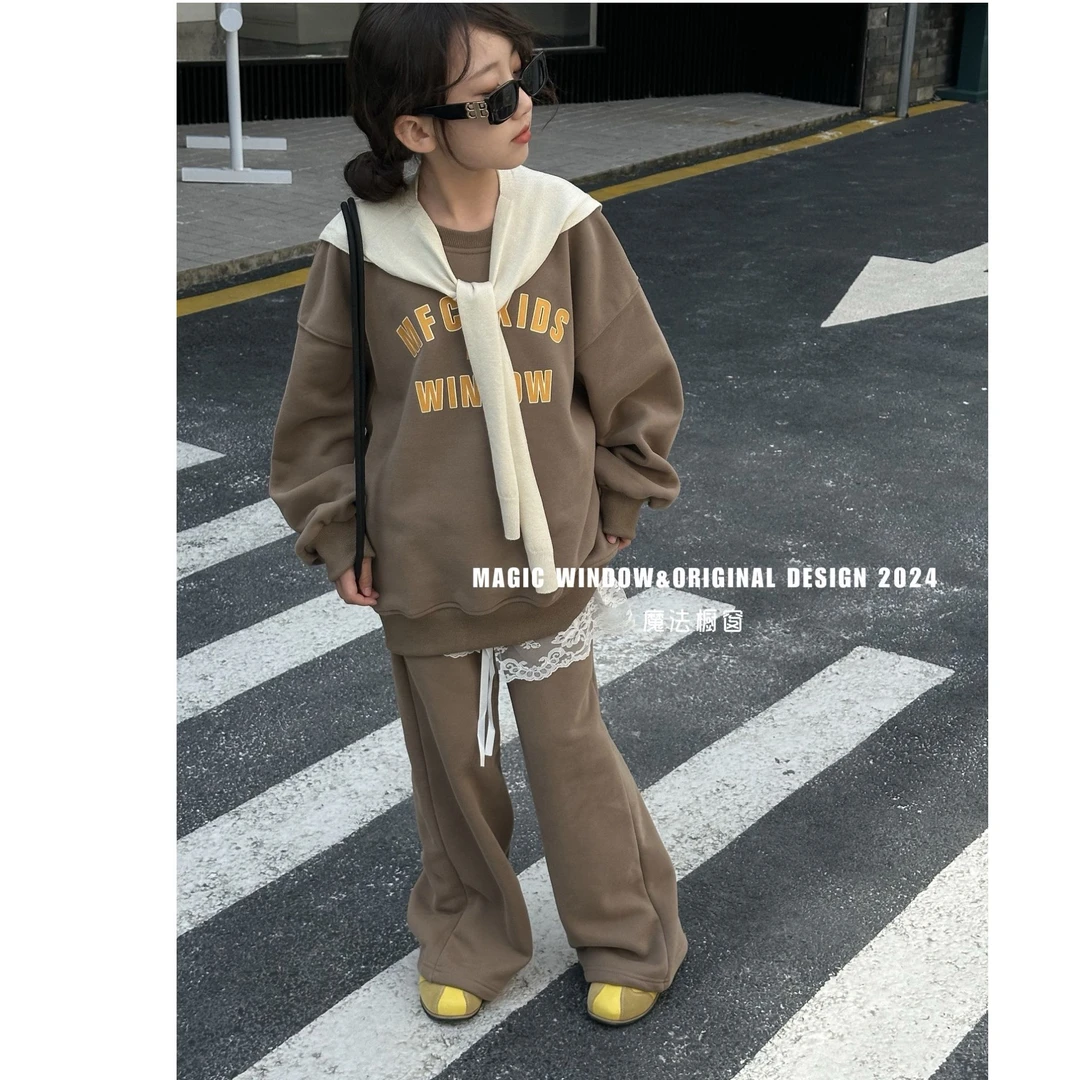 女童加绒套装秋冬新款中大童洋气62146时髦卫衣儿童冬装摇粒绒