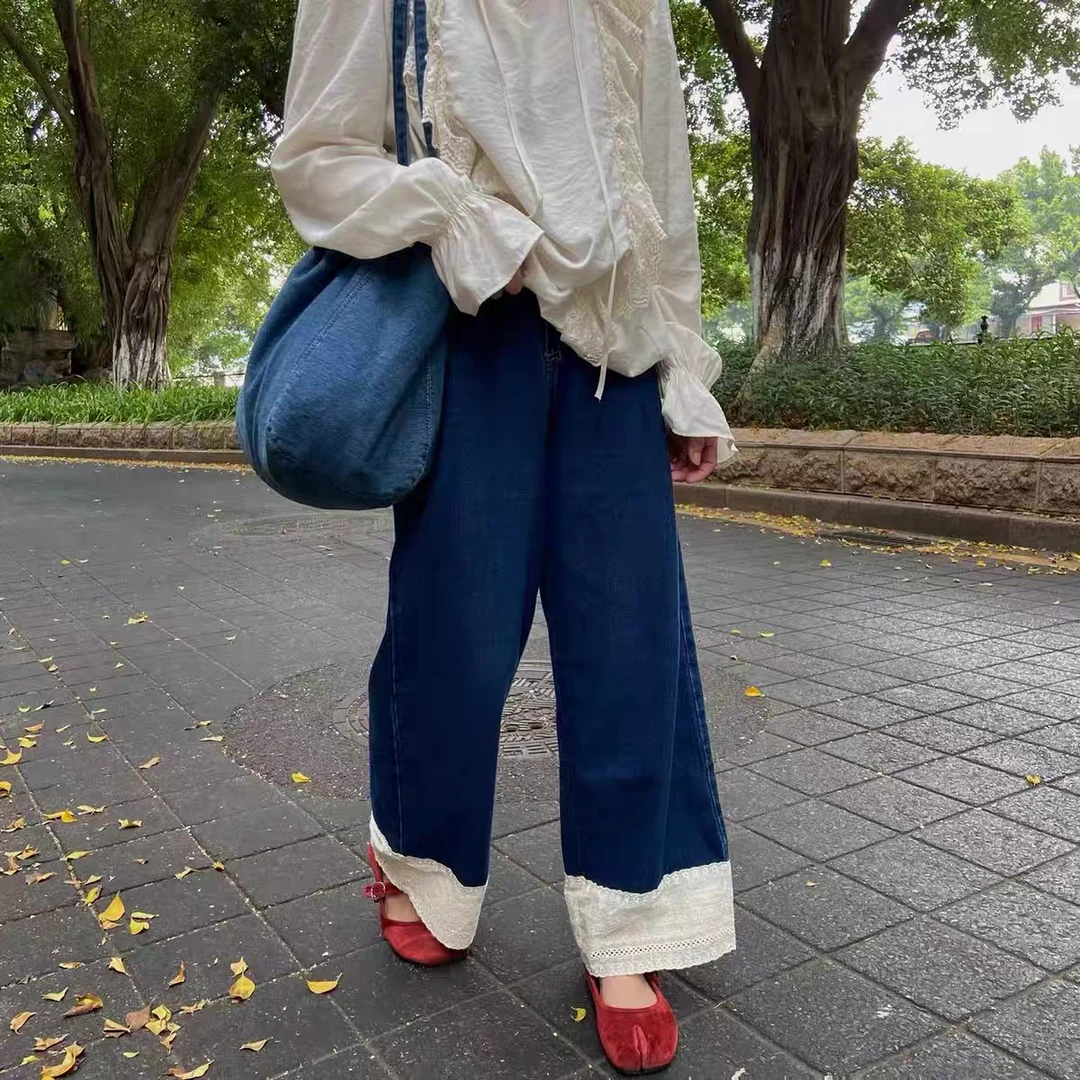 韩版女装2024秋款新款时髦设计感蕾丝花边拼接显瘦直筒牛仔裤女