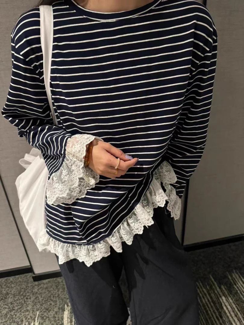 蕾丝拼接条纹长袖T恤女2024秋季韩版圆领宽松休闲上衣