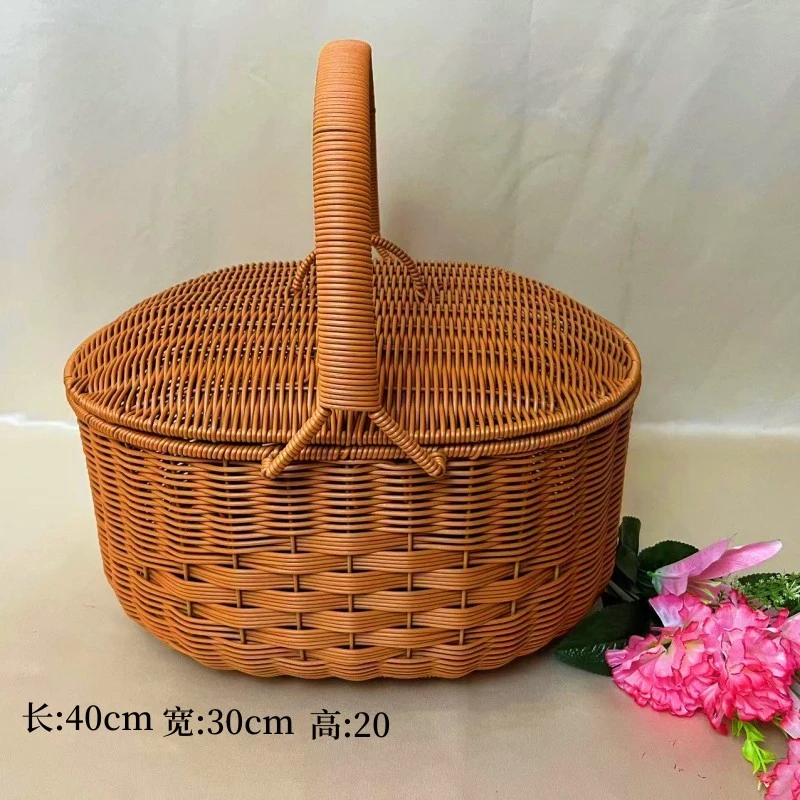 Y109仿藤编织特大号椭圆形简约带盖野餐篮，拜拜篮。户外复古收纳篮