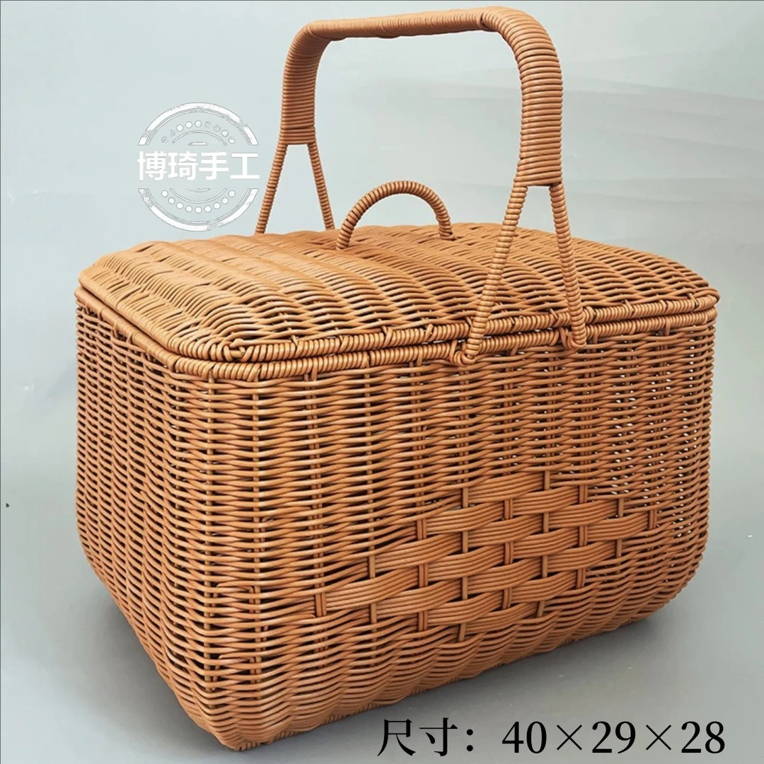 Y066仿藤编，编花野餐篮(整体盖子可拆卸)方形拜拜篮