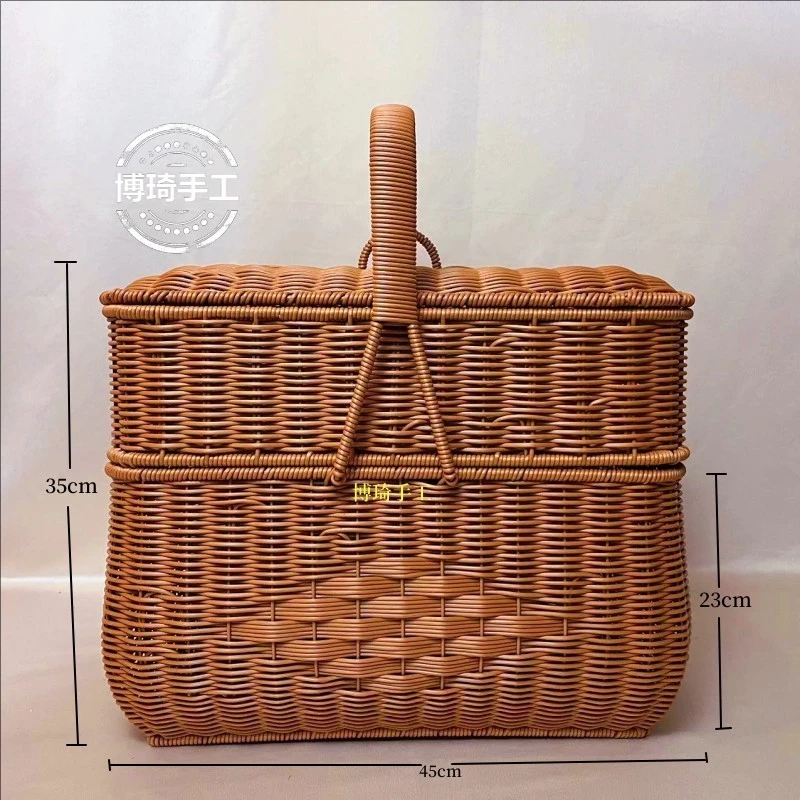 Y01仿藤编，编花野餐篮方形双层拜拜篮(整体盖子可拆卸)45×30×35
