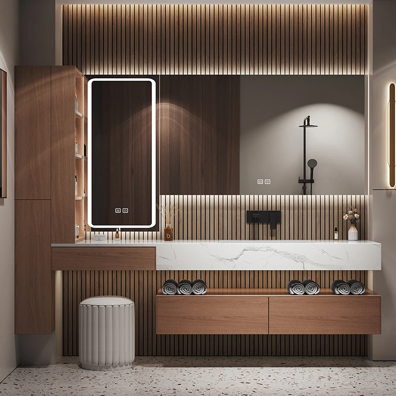 福艺斯高端定制进口白橡木烤漆浴室柜梳妆台一体双盆岩板无缝陶瓷