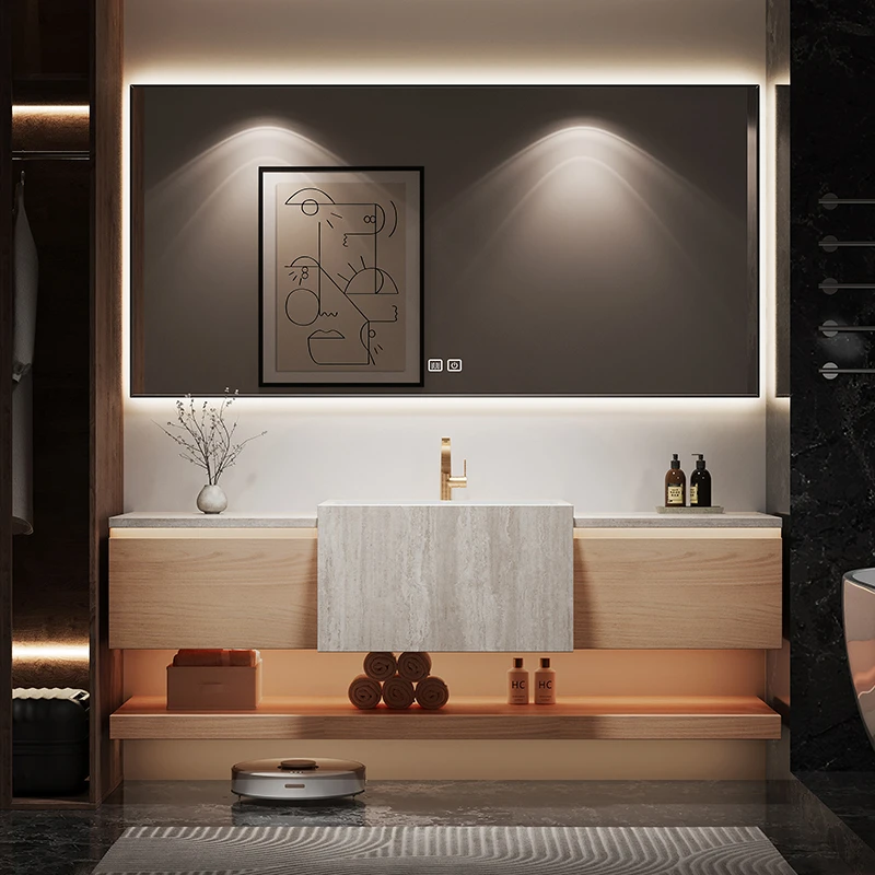 福艺斯酒店轻奢风浴室柜组合立柱盆高端岩板洗脸盆洗手台hs014