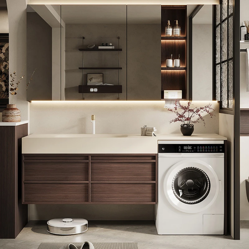 中古风洗衣机一体柜组合岩板热弯一体盆洗脸盆卫浴套装浴室柜