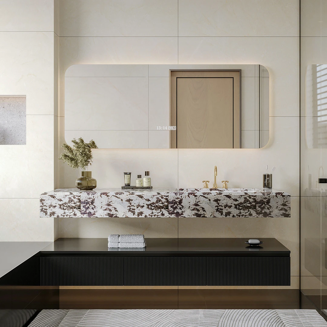 福艺斯酒店轻奢风浴室柜组合双层洗脸盆洗手台奢石洗漱台实木定制