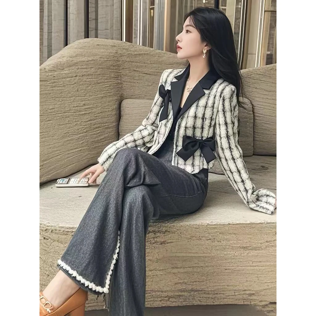 时尚小香风套装女两件套春秋季蝴蝶结名媛气质外套阔腿裤时尚套装