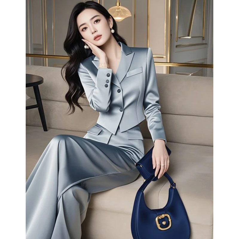 早秋穿搭2024新款高级感小香风职业蓝色西装外套裤子两件套女潮