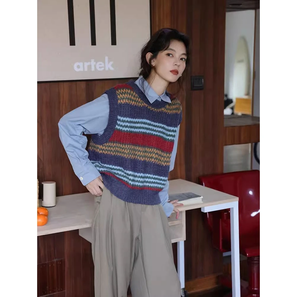 文艺复古套装女春秋新款学院风撞色针织马甲背心叠穿长袖衬衫两件