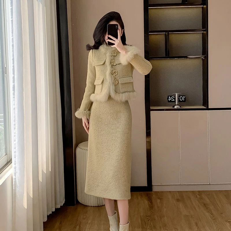 2024冬季新款小香风棉服套装女加厚保暖毛毛拼接短款外套