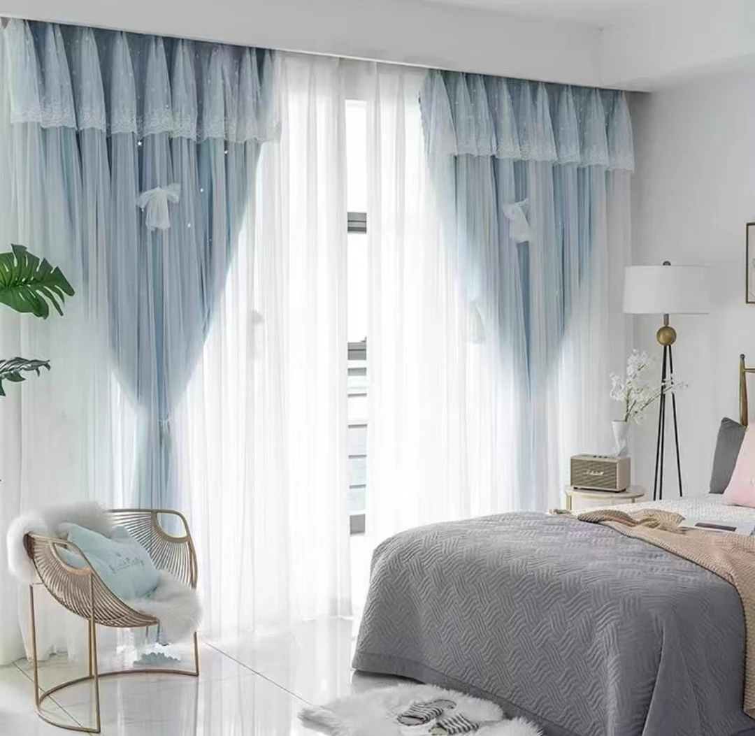 A蓝色菲林镂空小星星款窗帘公主风简约4.0