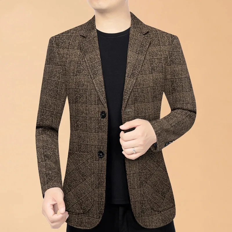 秋冬休闲男士西服外套单西高档中青年爸爸装商务西装免烫格子西服