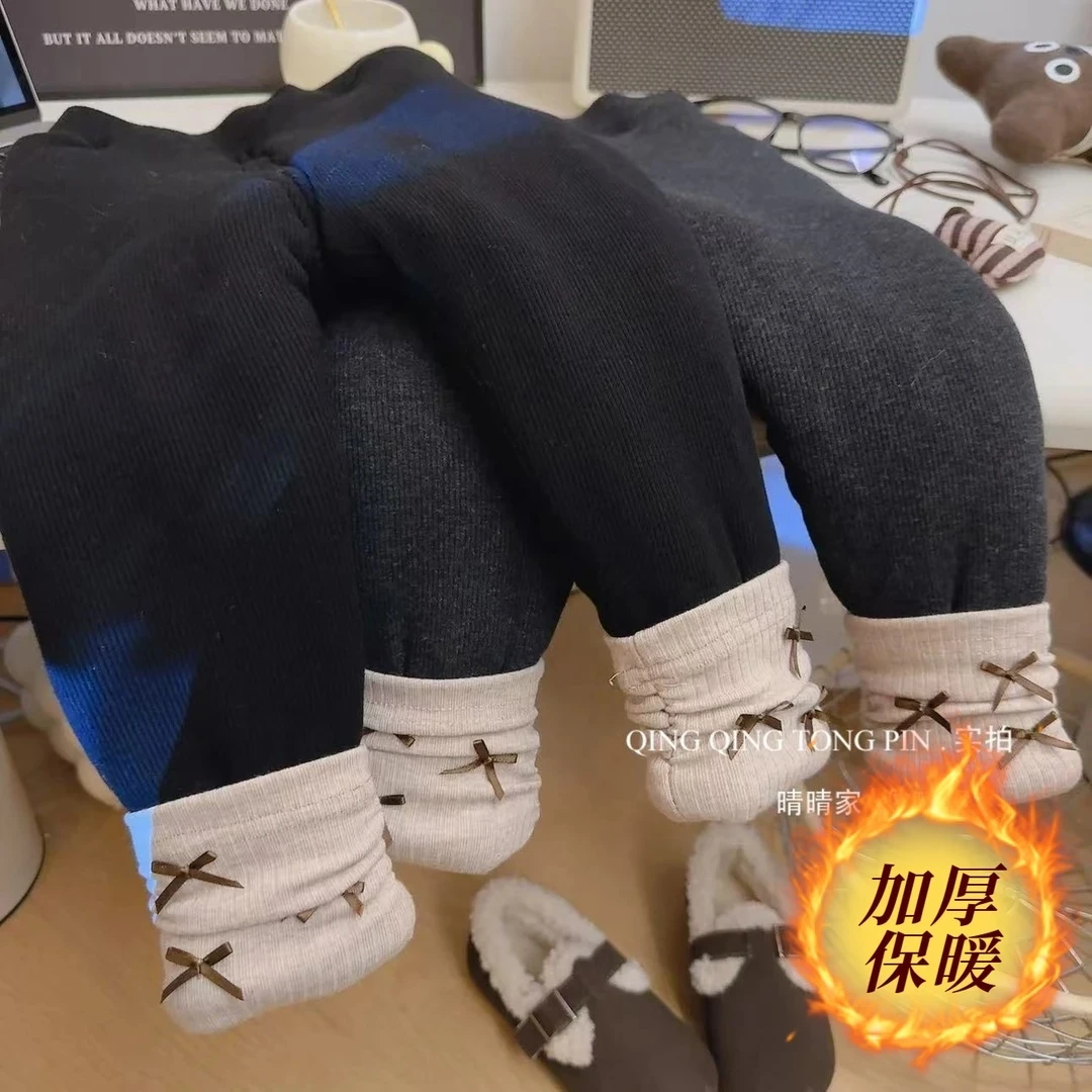 女童冬季一条过冬打底裤女宝宝洋气蝴蝶结百搭韩版新款儿童保暖裤