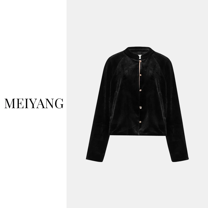 美洋MEIYANG 黑天鹅外套 新中式古典|撞色丝绒提花旗袍盘扣上衣