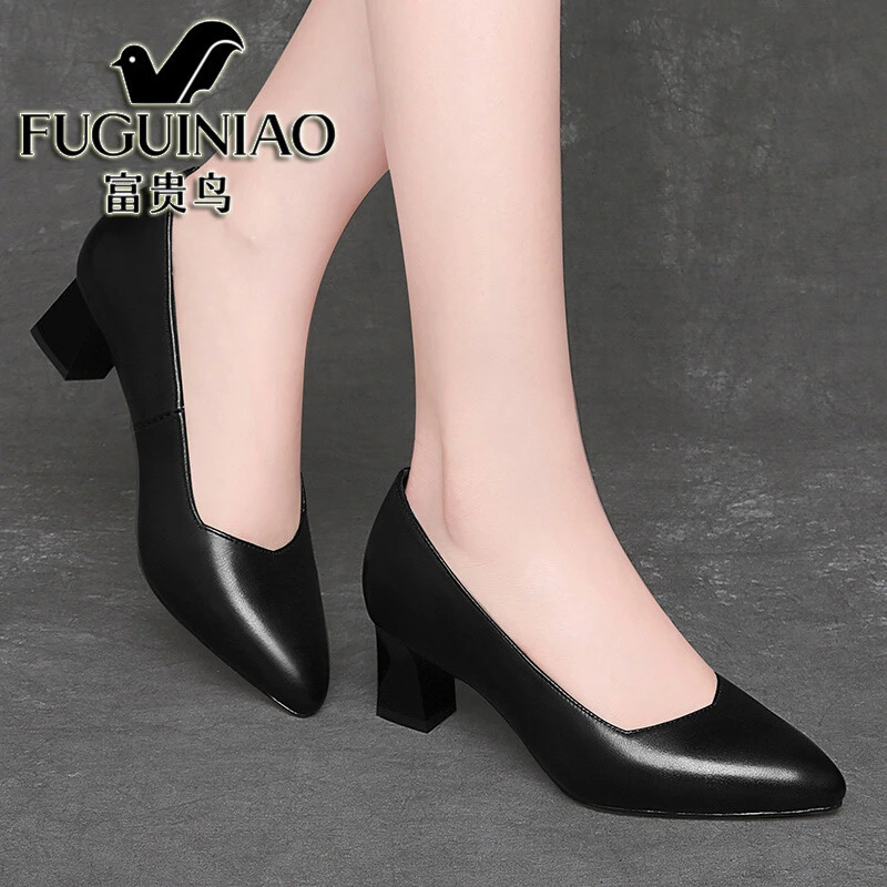 FUGUINIAO/富贵鸟头层牛皮高跟鞋女2025秋季新款单鞋女粗跟工作鞋