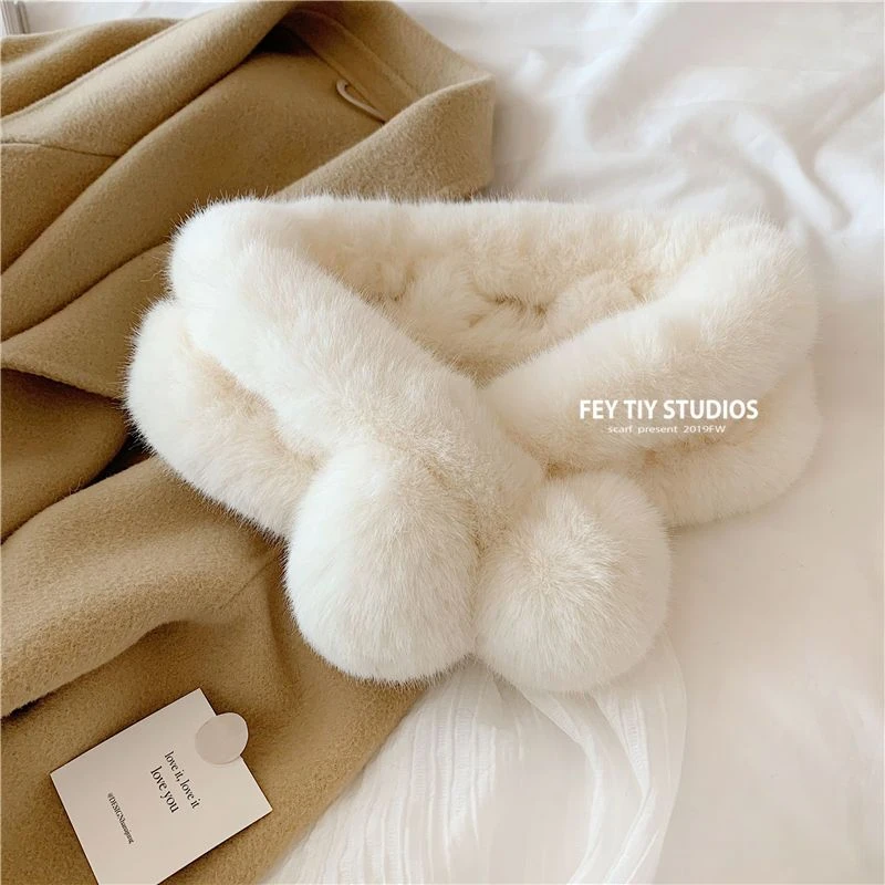 高品质定制毛毛围巾 冬季仿皮草交叉球球围脖仿獭兔毛ins保暖毛领