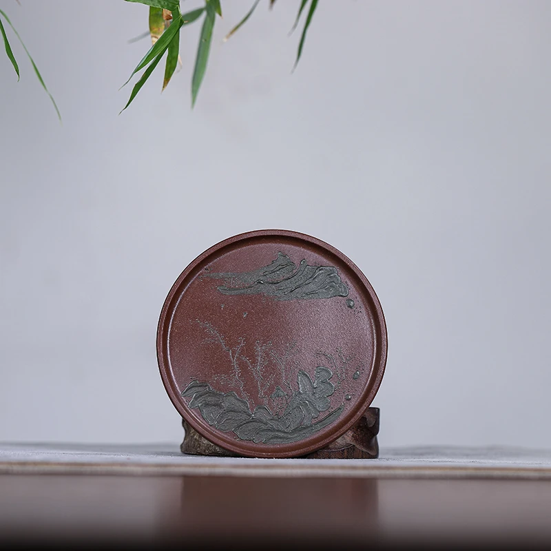 宜兴紫砂摆件创意茶托花盆底托雕塑托泥绘山水圆托盘工艺品装饰