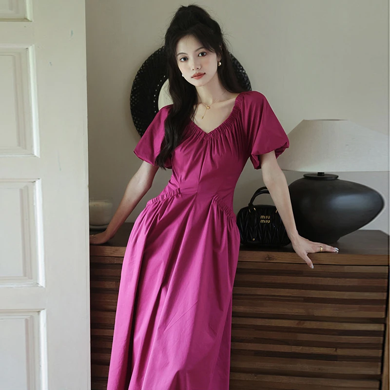 心形领泡泡袖修身显白长裙高腰显瘦度假小个子复古女装连衣裙6947