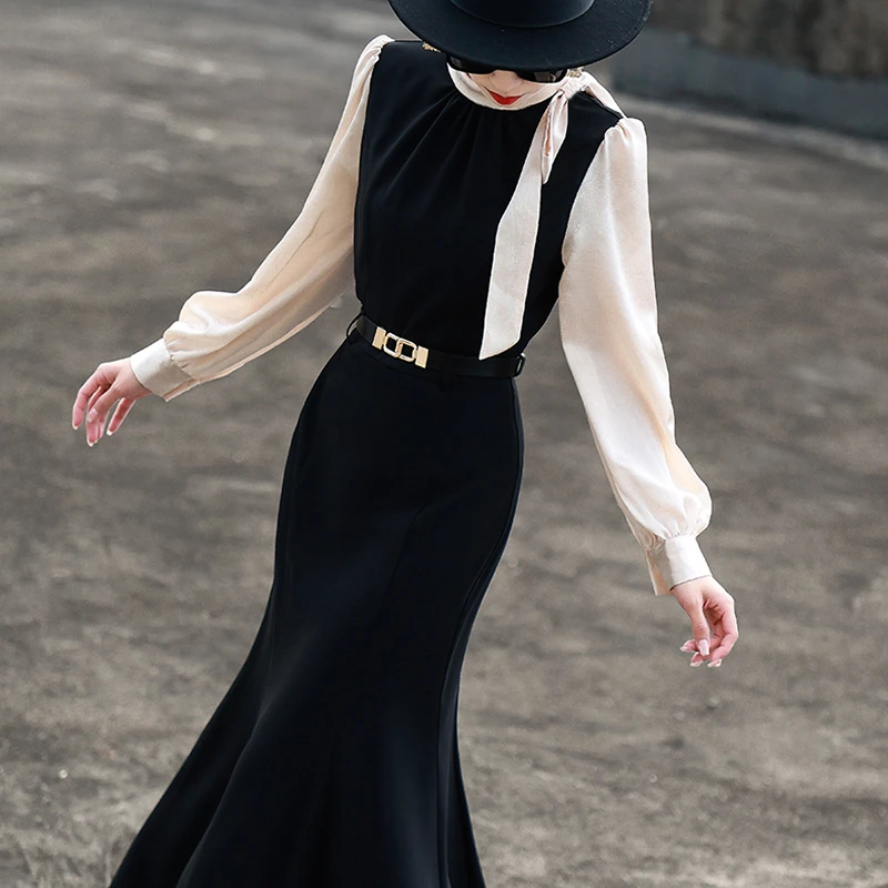2025秋季女款气质名媛优雅长袖拼接收腰显瘦黑色鱼尾连衣裙子2015