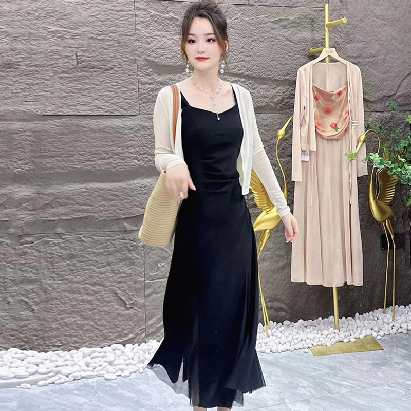 【两件套】夏新款显瘦外搭开叉吊带收腰洋气女装连衣裙1465