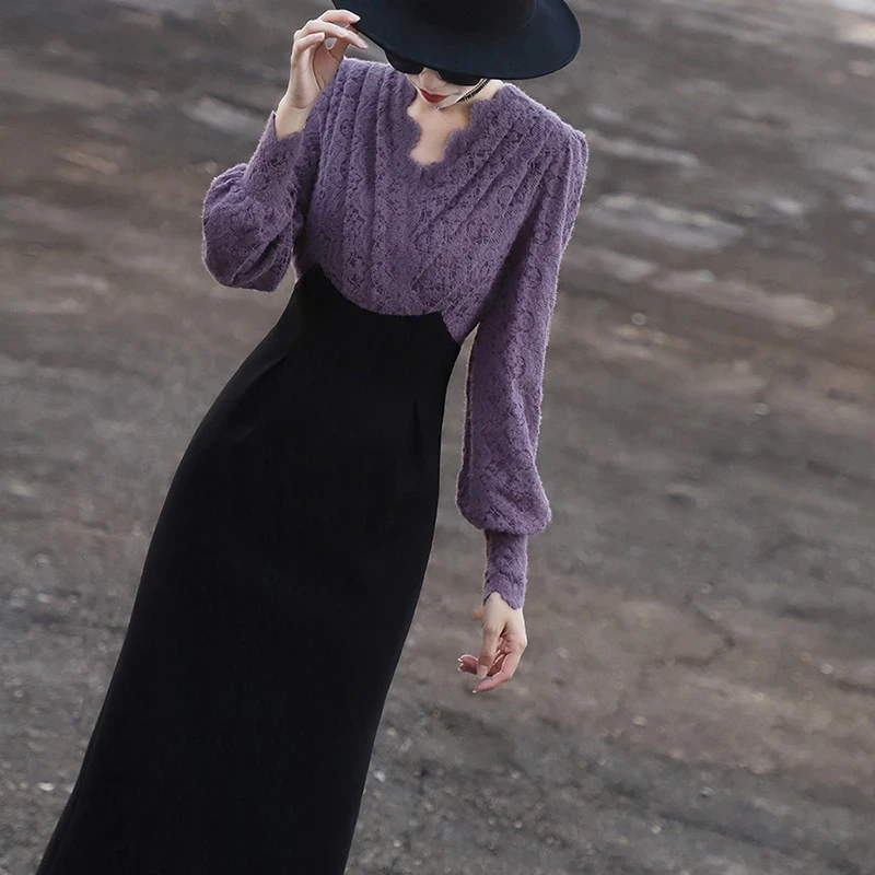 【Y】【沐紫】2025新款名媛假两件裙子蕾丝包臀女装时尚连衣裙2661