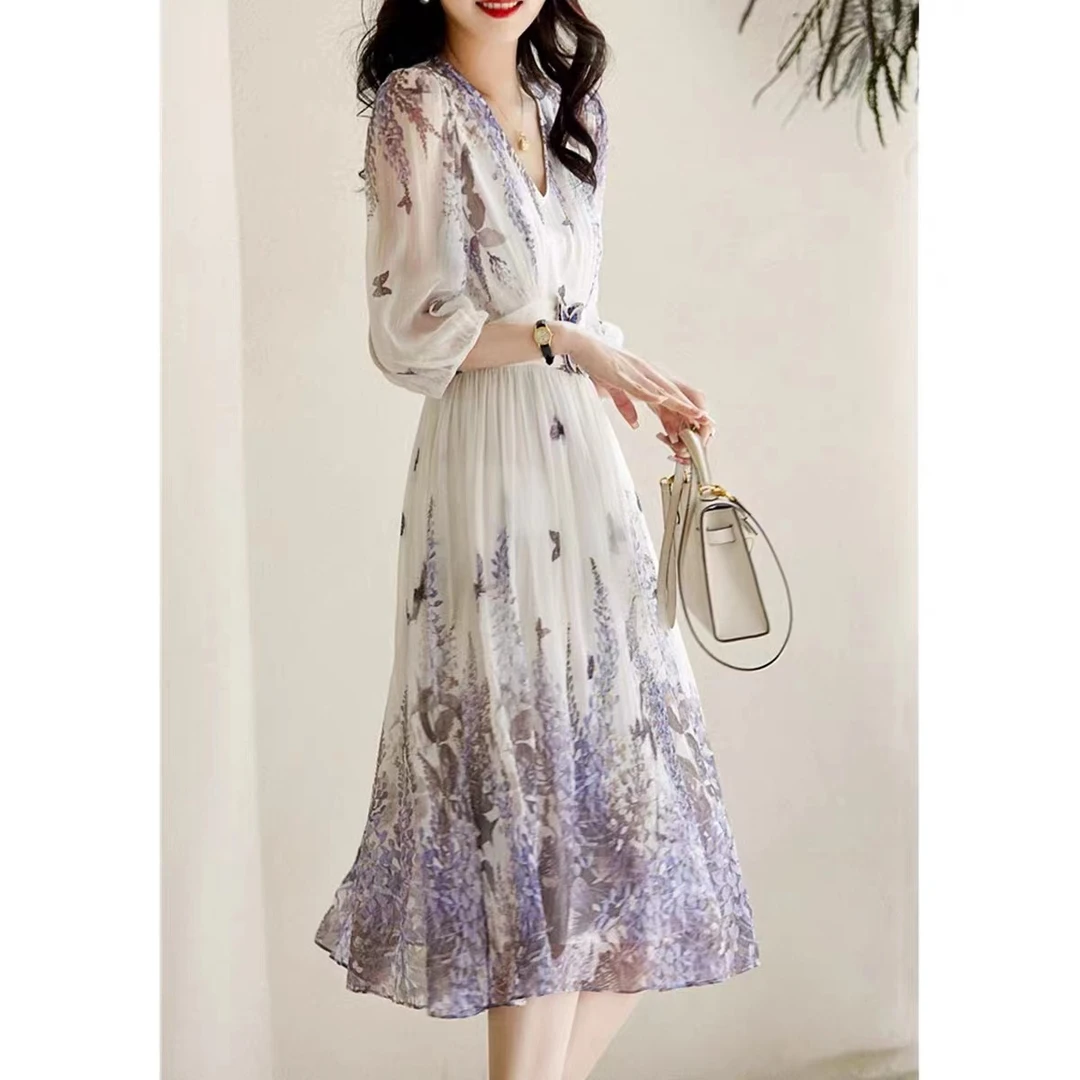 2025夏季新款优雅v领衬衫女装连衣裙印花气质时尚收腰裙子女Z0018