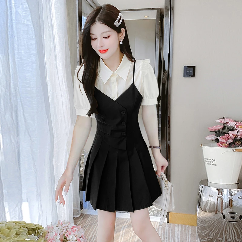 法式复古假两件女装连衣裙2025夏季新款显瘦时尚小个子短裙子9728