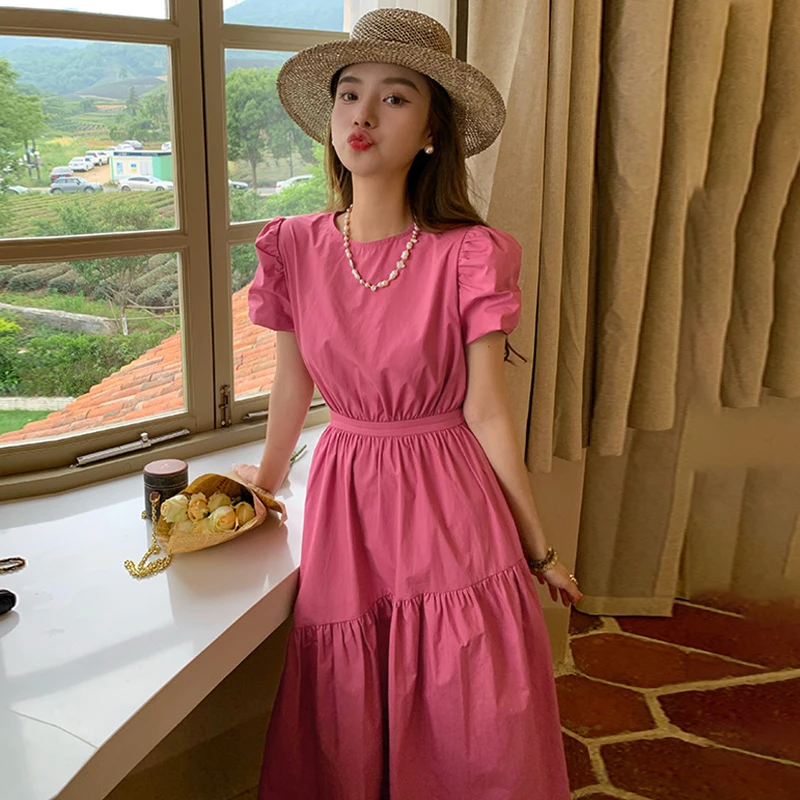 【GY】法式复古漏腰茶歇裙棉质泡泡袖粉色连衣裙女装夏1336-2