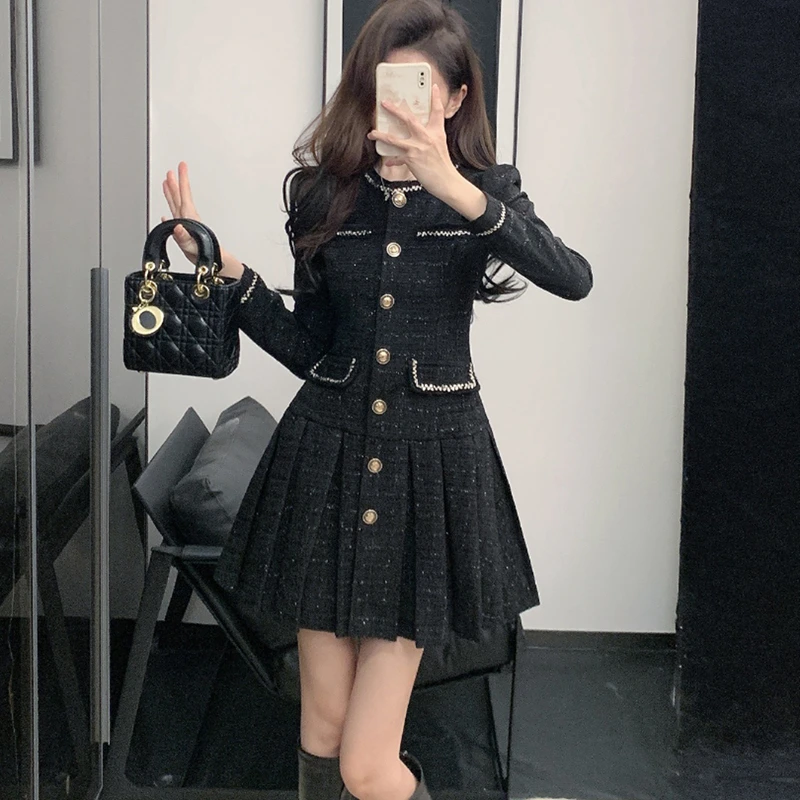 法式小香风黑色连衣裙新款女高级感气质名媛收腰显瘦裙子女A8060