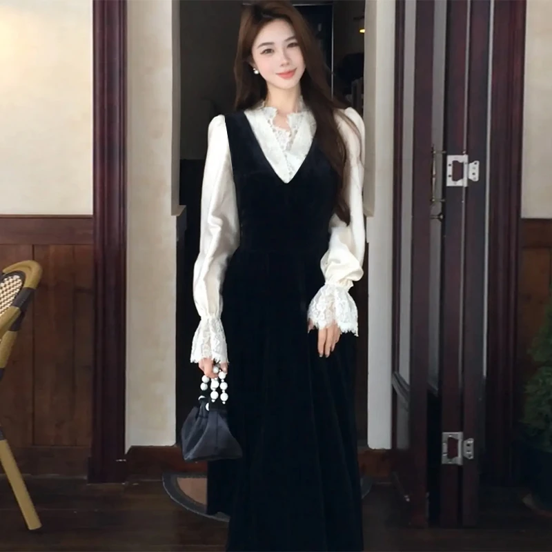 2025新款秋季法式蕾丝拼接上衣丝绒百搭假两件显瘦女装连衣裙2315