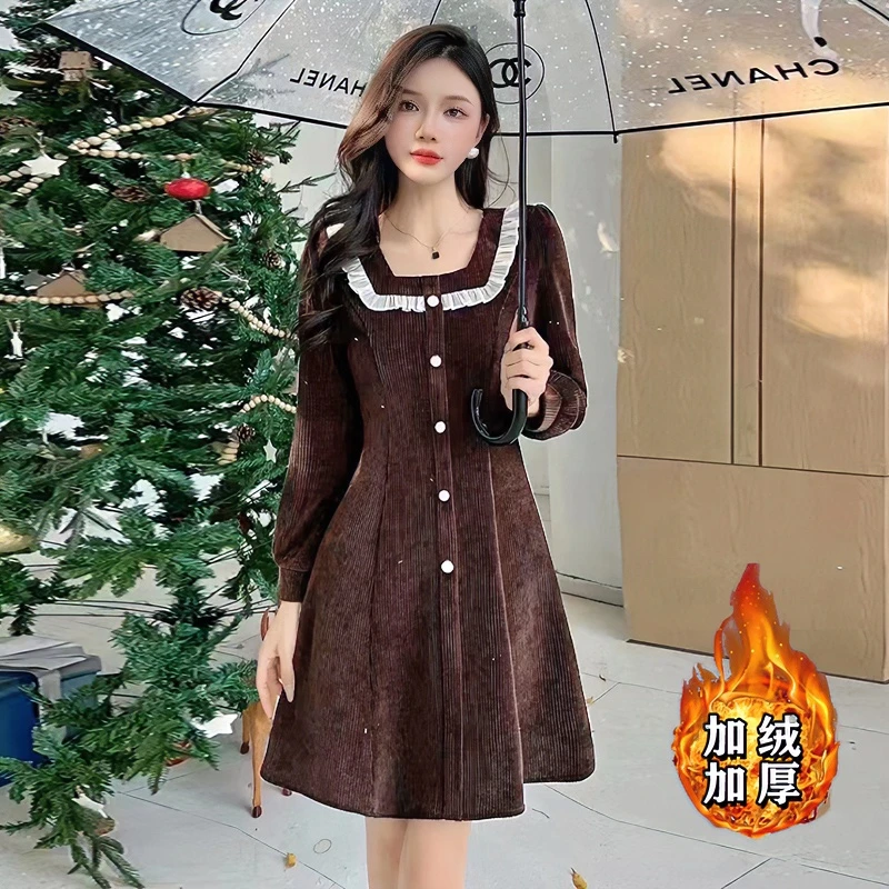 【常规/加绒】冬天小香风长袖连衣裙女新款方领气质加厚小黑裙6371