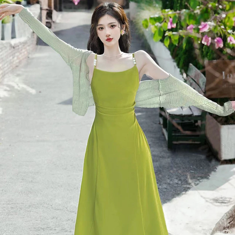 【筱安】【两件套】法式绿色连衣裙夏2025新高级感超仙夏季开衫6904