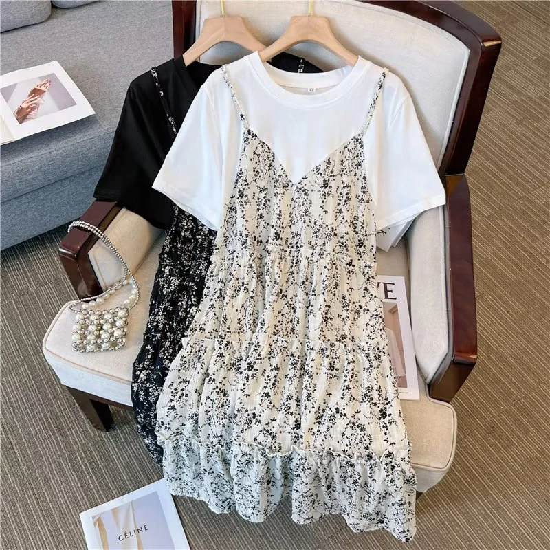 【大码】法式碎花连衣裙女夏装新款设计感圆领小众长款长裙B8015