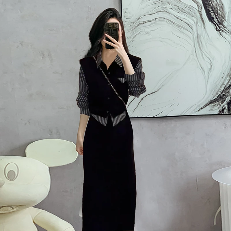 【两件套】女春季小香风新款时髦气质条纹半身裙两件套2330