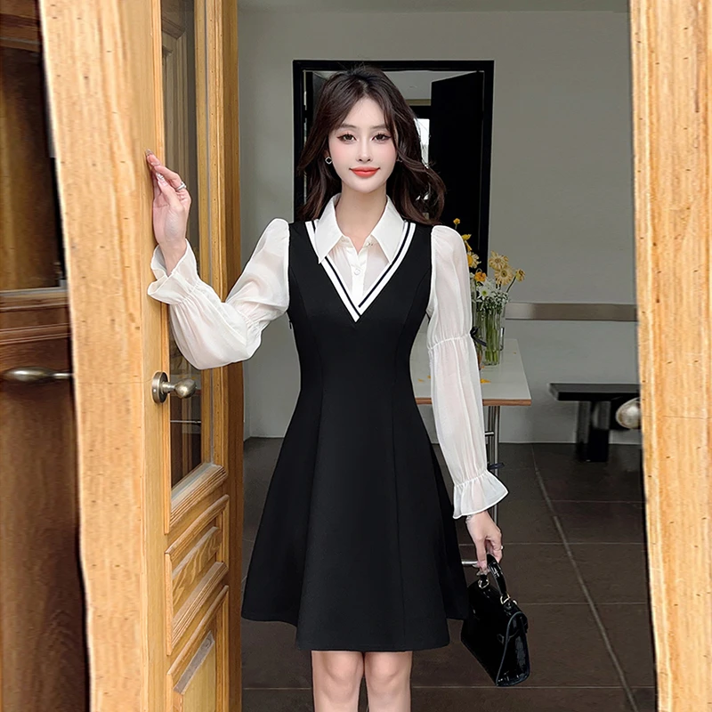 法式气质减龄衬衫假两件A字显瘦初春连衣裙小个子温6665