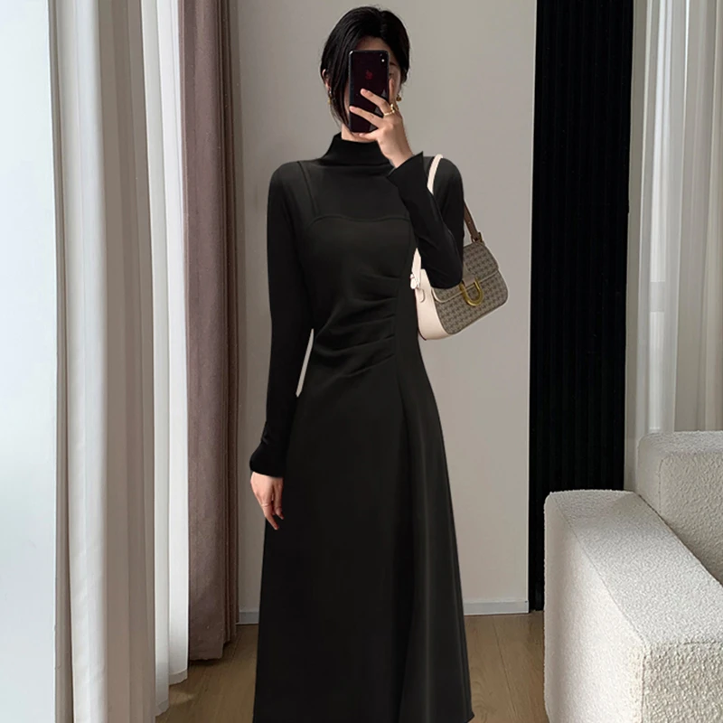 加绒加厚黑色半高领长款显瘦修身连衣裙气质高级感女装A8072
