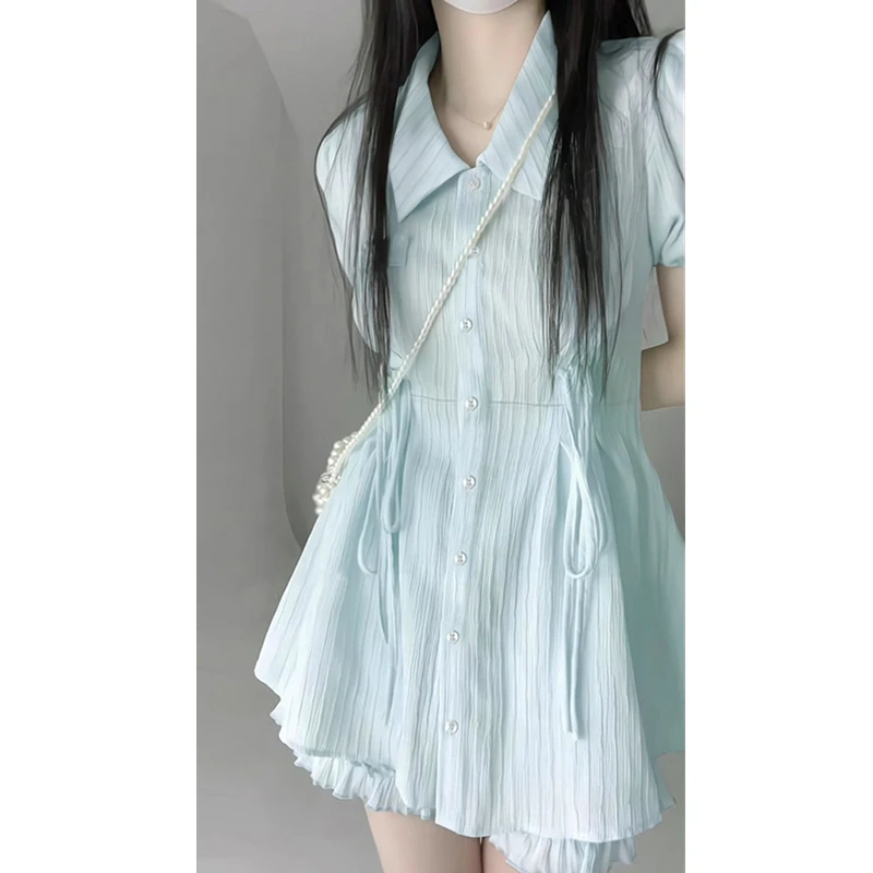 PJ【彭姐】【假两件】2025夏季衬衫女装连衣裙小个子蓝色清新裙子3183