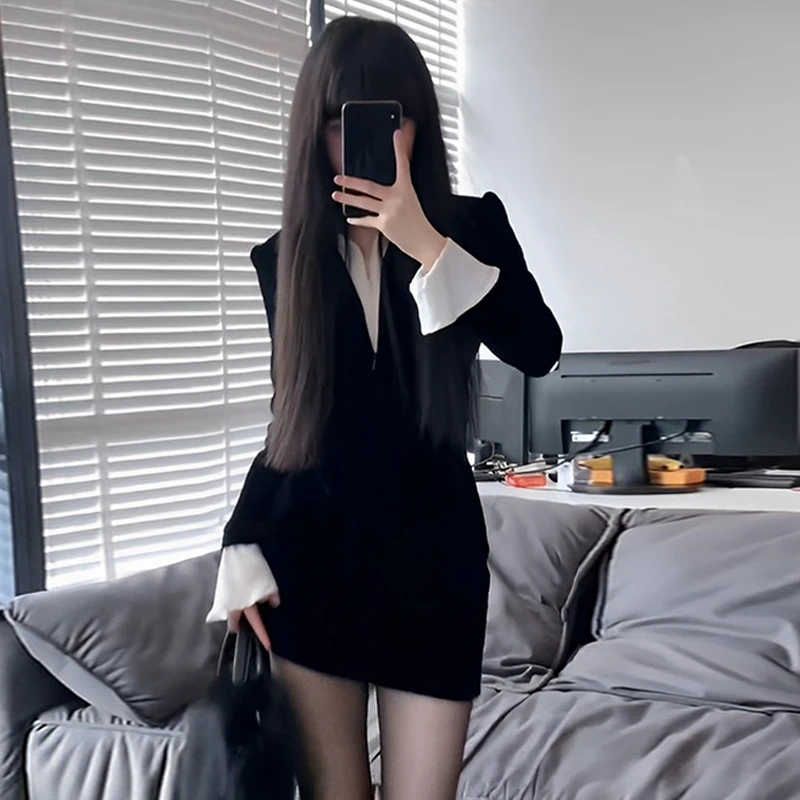 小个子打底连衣裙黑色法式气质长袖女装小黑裙6660