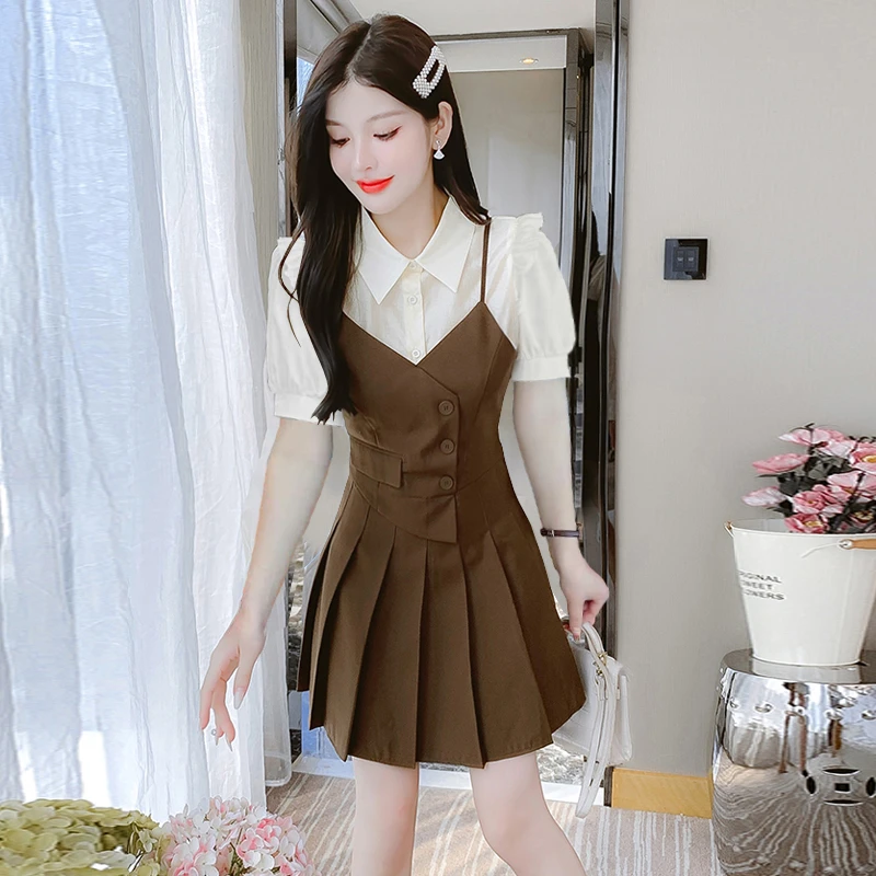 小众复古假两件气质女装连衣裙2025夏季时尚小个子短裙9728