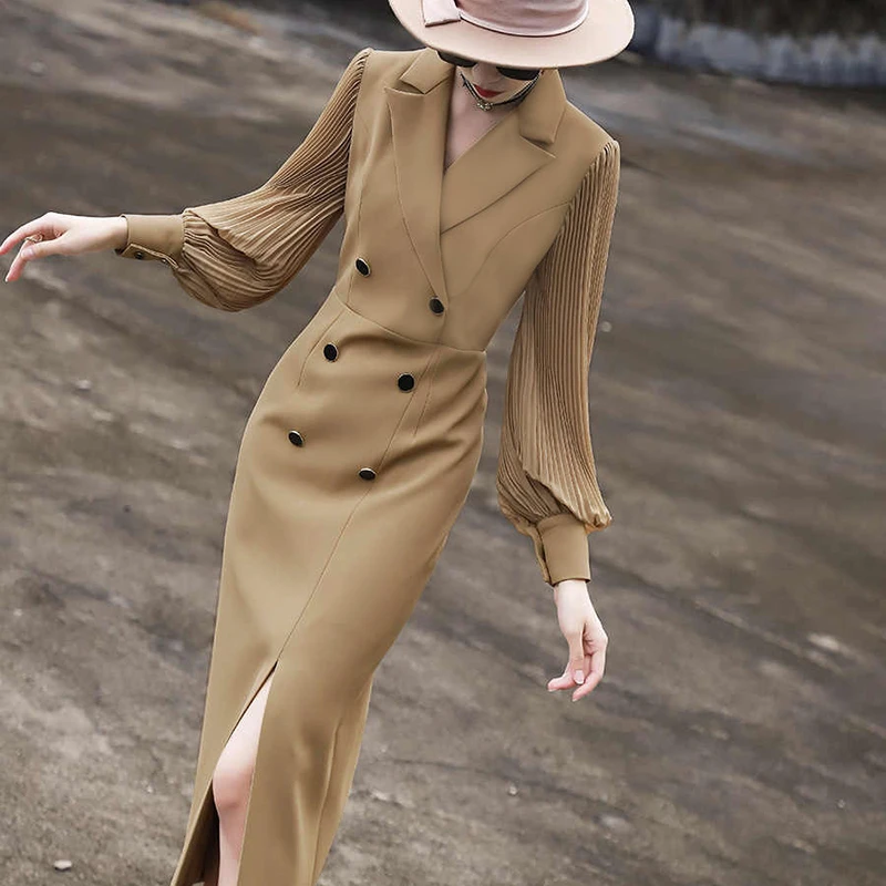 2025秋季新款气质通勤法式高级感长袖修身显瘦开叉显瘦连衣裙2156