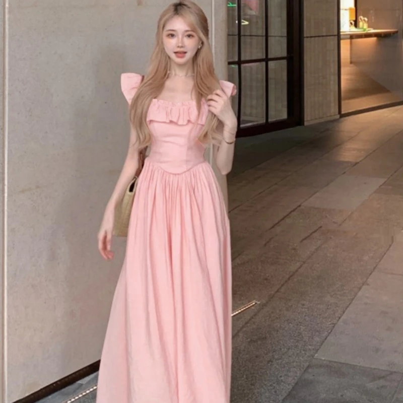 【有内衬】荷叶边方领吊带连衣裙女夏气质甜美长裙6809